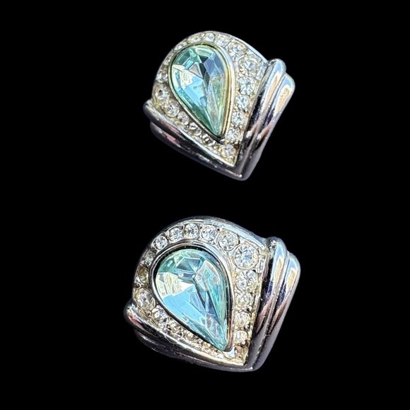 Vintage Pierced Earrings Silver Tone Light Blue and Clear Stones - Picture 2 of 6
